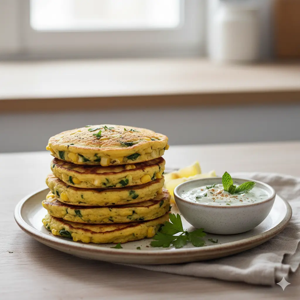 Sweet Corn & Spinach Pancakes with Mint Yogurt Dip